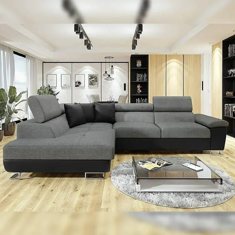 ANTON Black & Grey Fabric Corner Sofa Bed (LEFT HAND SIDE) | Double Bed | large sofas settee for living Rooms | (LEFT HAND SIDE)