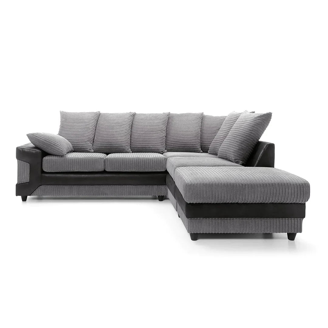 large grey corner sofa LARGE-DINO-CORNER-SOFA-GREY-BLACK-LEFT-HAND-SIDE-FOAM. Fire resistant as per British Standards, foam filled seats for comfort.