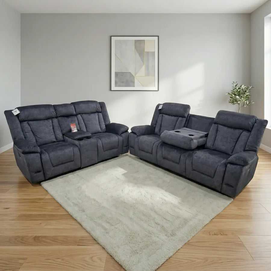 Beunis Aire 3 + 2 Plush Velvet Charcoal Dark Grey Manual Recliner Sofa Set.
