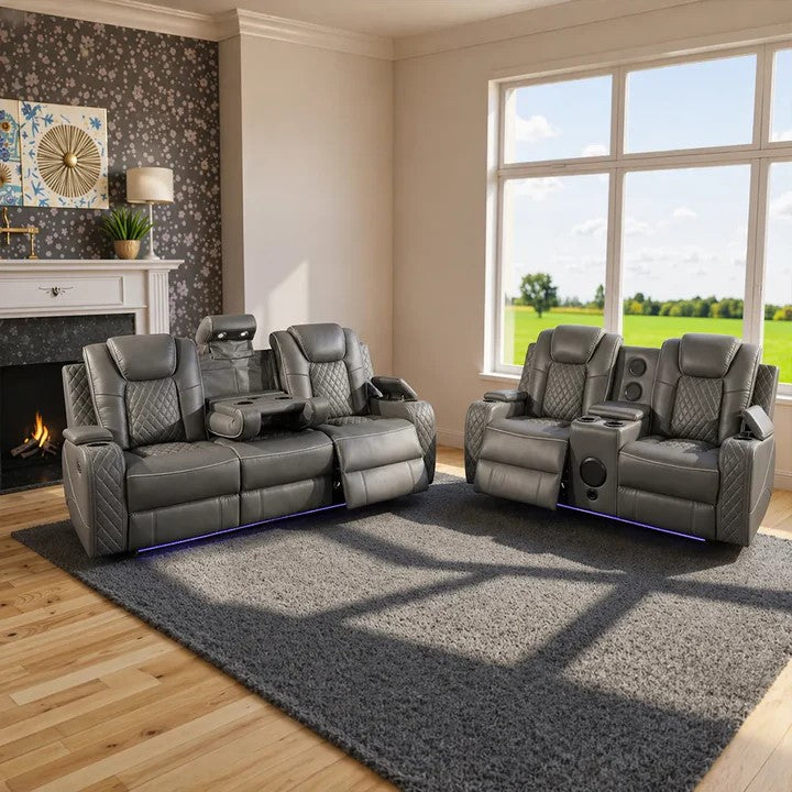 Emily 3 + 2 Music Leather Electric Recliner Sofa Set , USB -C , LED , B/Tooth