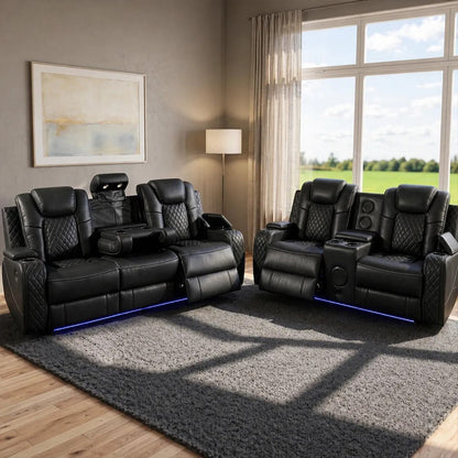 Emily 3 + 2 Music Leather Electric Recliner Sofa Set , USB -C , LED , B/Tooth