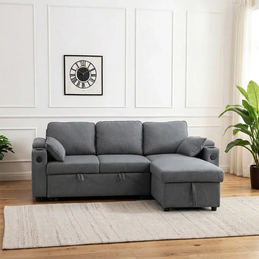 Francesca Sofa Bed (Universal) in Grey fabric - USB - Storage - Cuphoders - Bed - Magazine Pocket
