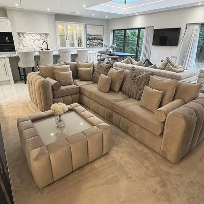 New | Lilly Corner Sofa | Full Back | Left & Right |Extra Pillows | Glass Table