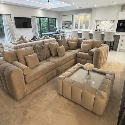 New | Lilly Corner Sofa | Full Back | Left & Right |Extra Pillows | Glass Table