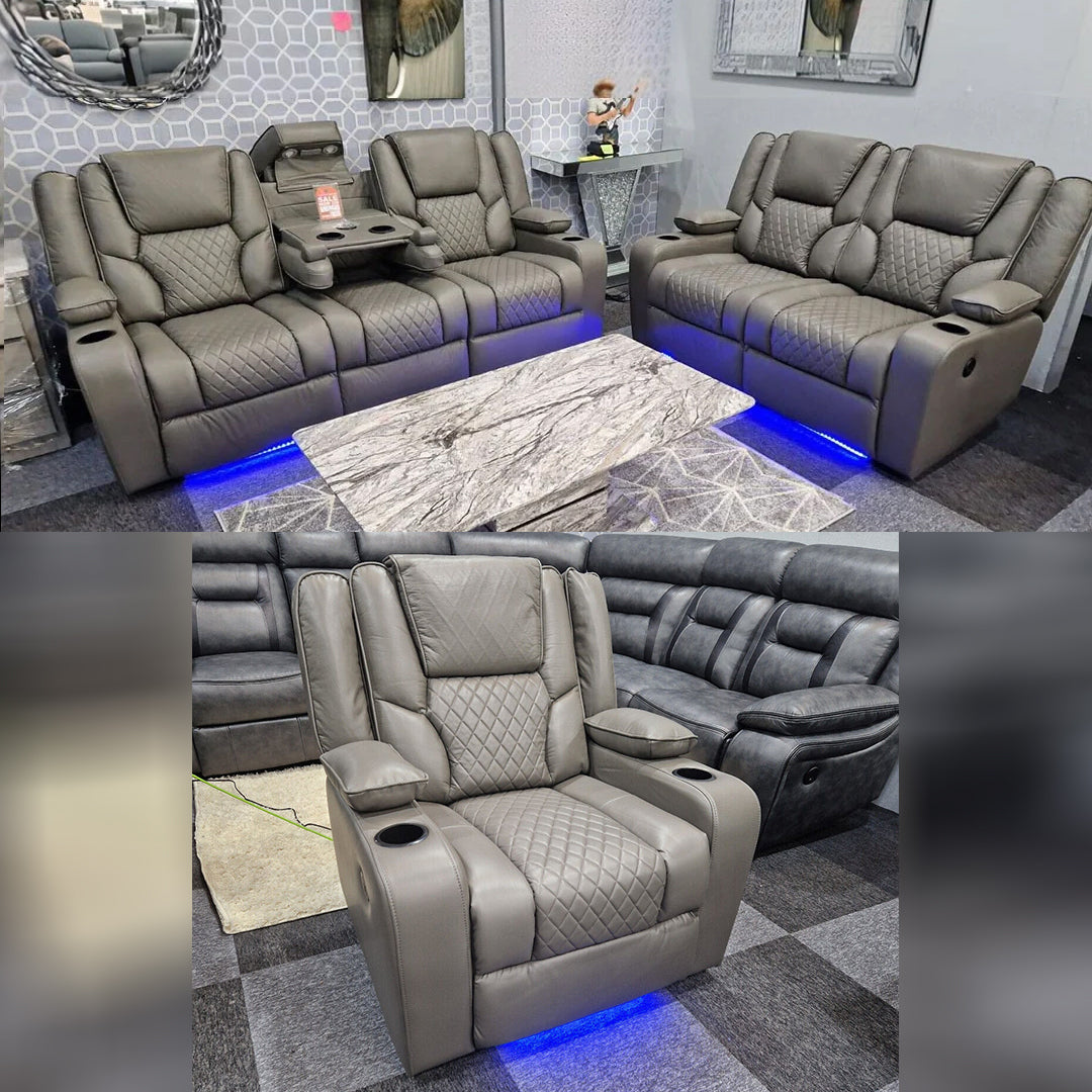 MNS Orlando Electric Recliners 3+2 Seater Leather Sofa (Black, Grey) /LED LIGHTS/WIRELESS CHARGER