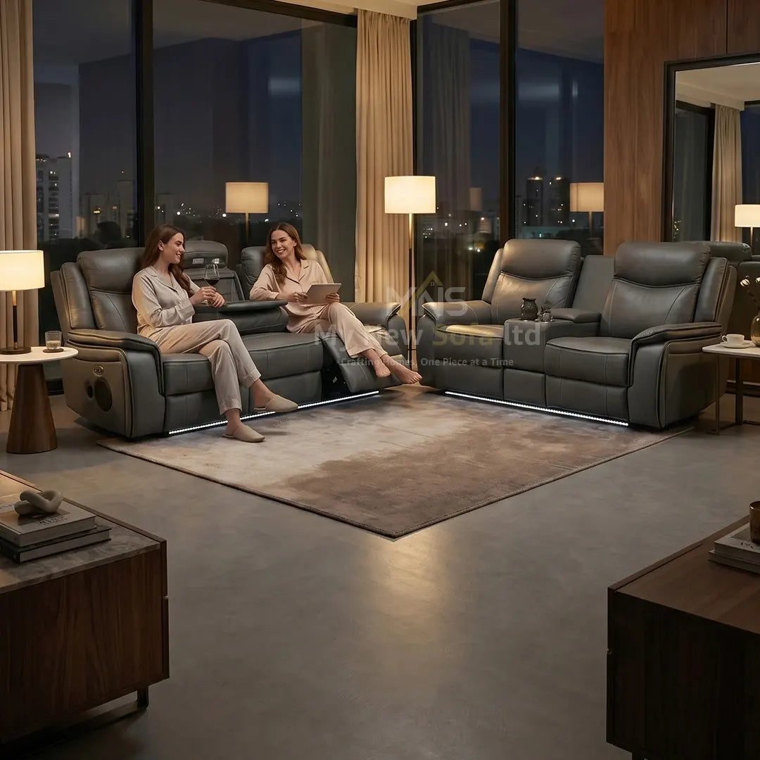 Prada leather electric recliner sofa 3+2 seater in grey in a living room