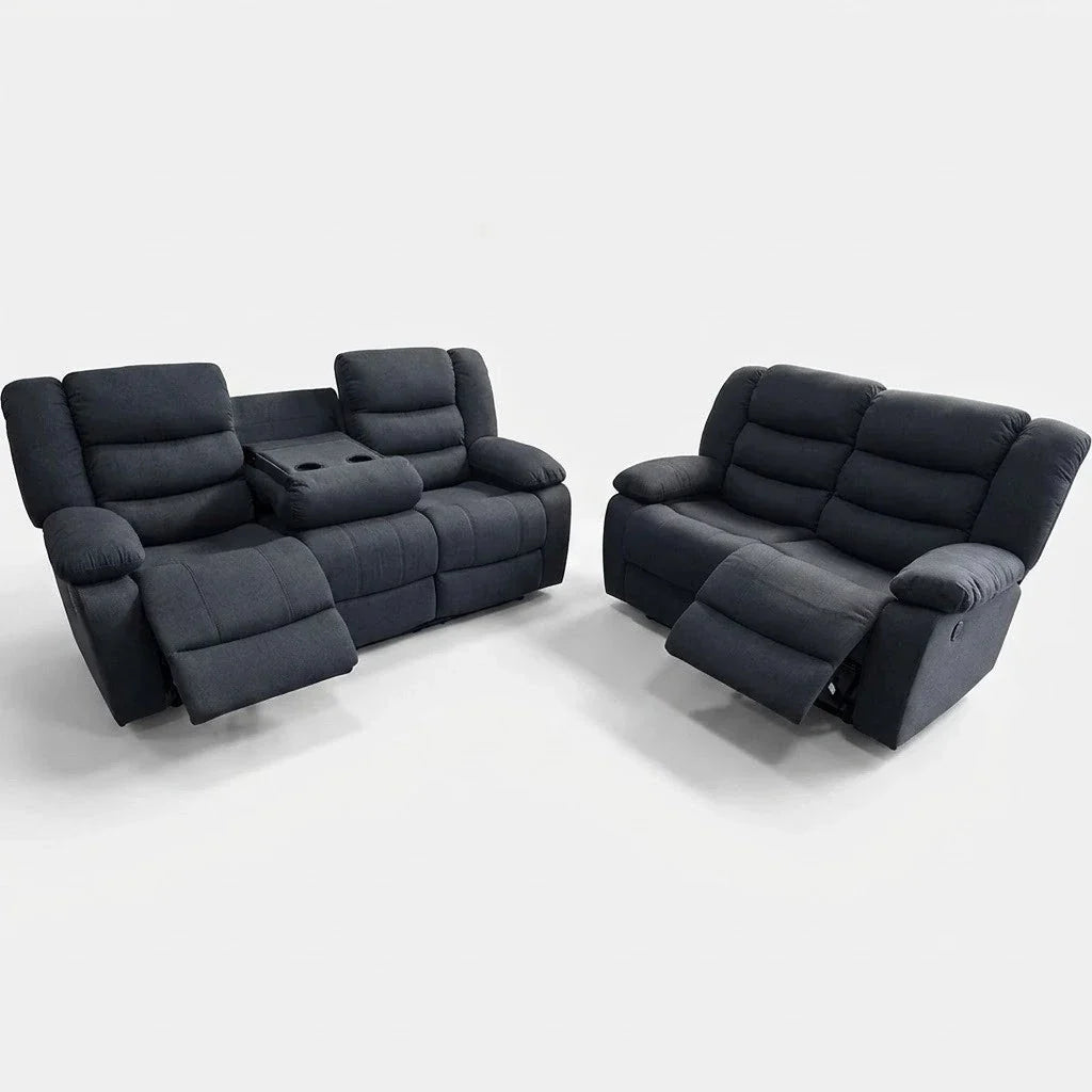 MNS Roma Fabric Reclining Sofa, Grey Fabric, 3+2 Seater with Cup Holders
