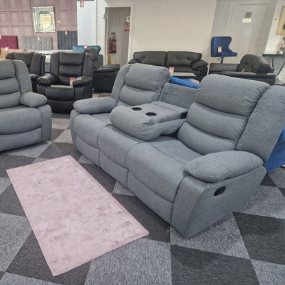 MNS Roma Fabric Reclining Sofa, Grey Fabric, 3+2 Seater with Cup Holders
