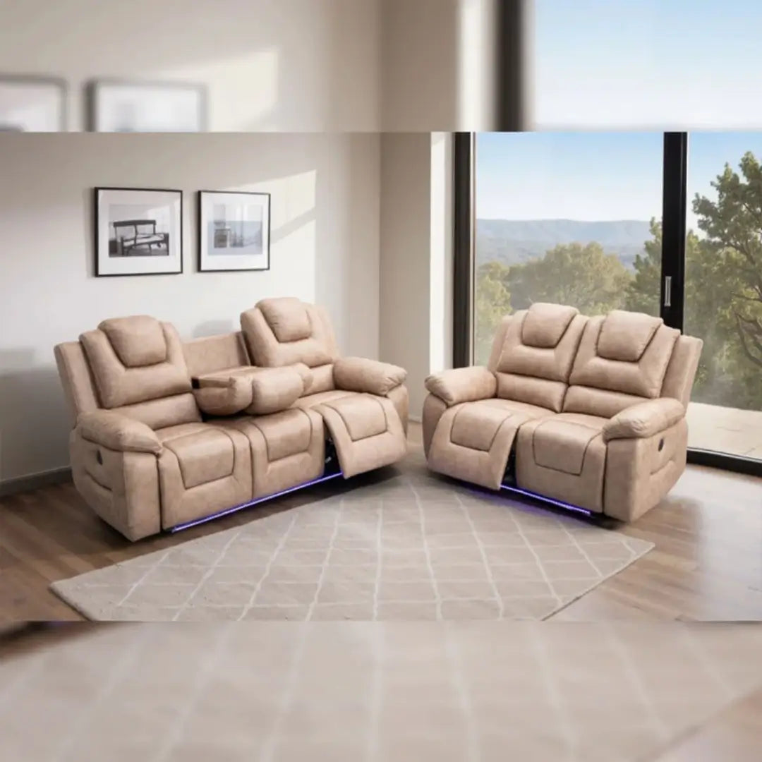 Oxford Leather Electric Recliner Sofa 3+2 Seater with Cup Holders , USB Charging Ports, LED Lights
