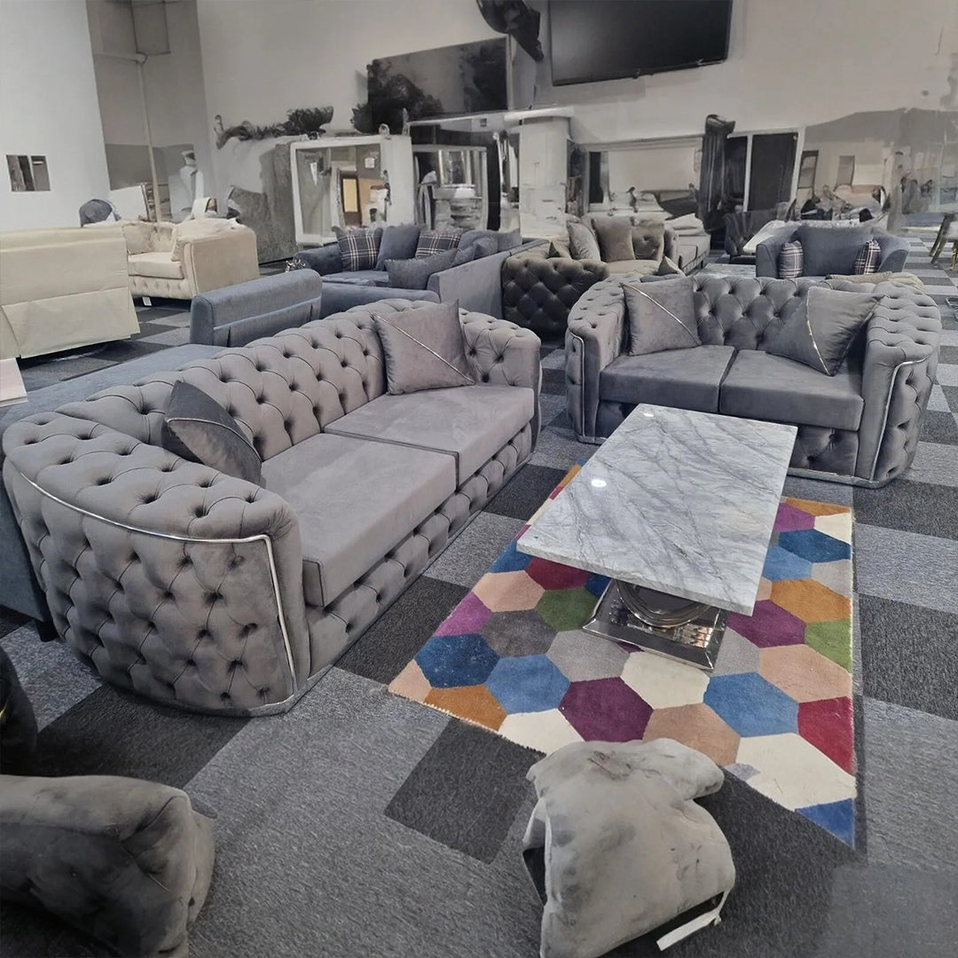 Toronto Chesterfield Sofa 3+2 Grey  & Silver - Envogue Furniture