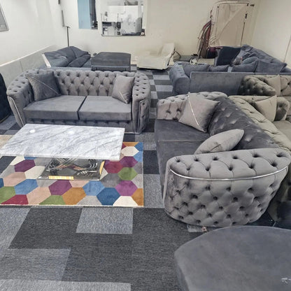 Toronto Chesterfield Sofa 3+2 Grey  & Silver - Envogue Furniture