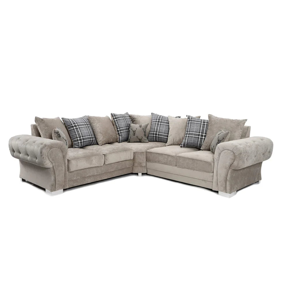 Verona mink fabric corner sofa with button-tufted scroll arms