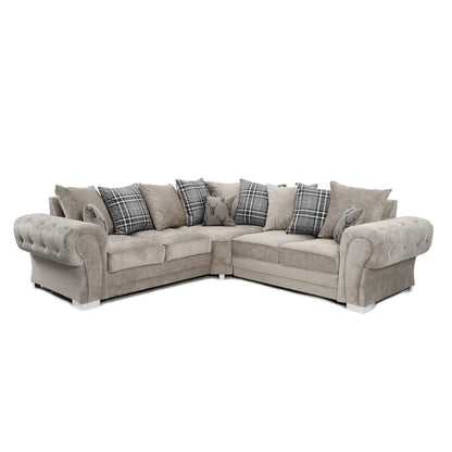 Verona mink fabric corner sofa with button-tufted scroll arms